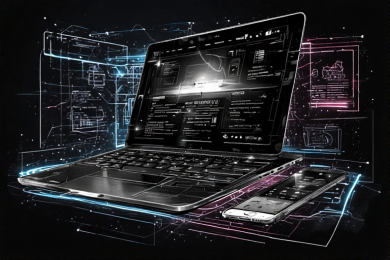 Laptop and smart phone with holographic background.
