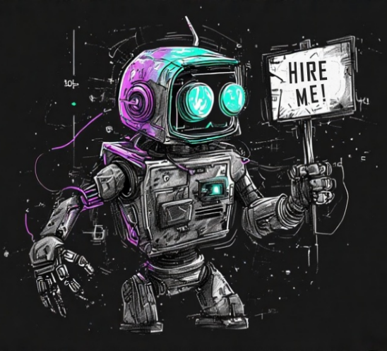 Robot with 'Hire Me' sign.